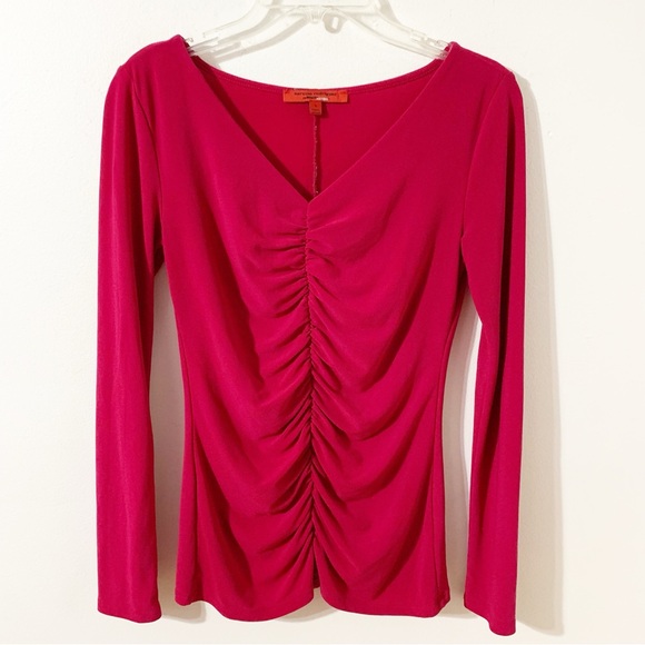 Narciso Rodriguez for DesigNation Long Sleeve Ruched Front V-Neck Knit Top Berry - Picture 2 of 8